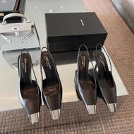 YSL Toe-Covered High Heels - Square Toe, Genuine Leather & Patent Leather with Metal Accents