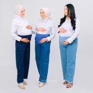 Momiasi - Celana Hamil Jeans Kulot Rawis Denim Strech Panjang Jumbo Wanita Bumil Maternity Pants Premium