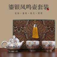 Handmade 999 เงินชุดชาเคลือบสีรุ้งเงินหม้อชาและชุดถ้วยพรีเมี่ยมสไตล์จีนชุดชาของขวัญกล่อง