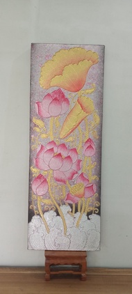 ภาพวาดดอกบัวชมพูพื้นสีม่วงขนาด35×100cm