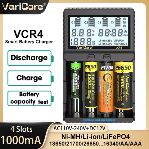 VariCore VCR4 Smart Battery Charger Test Capacity for 3.7V Li-ion 18650 21700 26650 18350 3.2V LiFeP