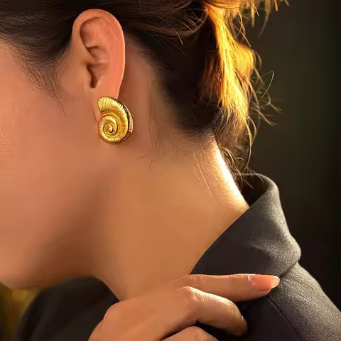 Punk Gold Plated Texture Stainless Steel Snail Conch Shell Earrings for Women Zircon Starfish Earrin