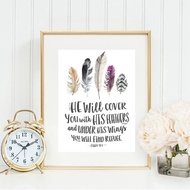 Bible Verse Psalm 91:4 Quotes Poster Art Print Birds Feathers Scripture Christian Wall Art Canvas Painting Pictures Home Decor