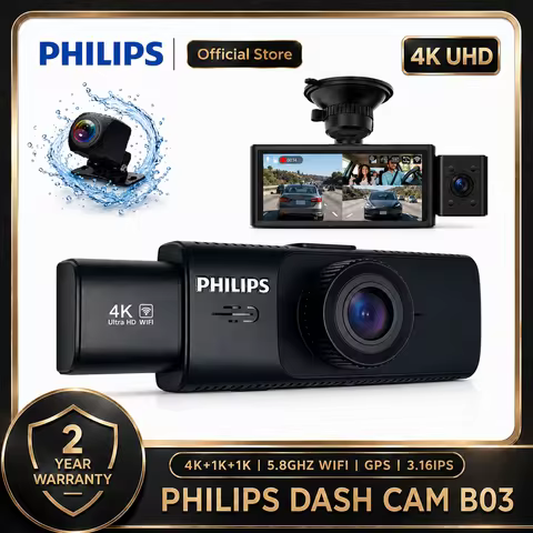 PHILIPS Dash Cam B03 4K+1K+1K HDR 3 Channel Front Cabin Rear 3.16 Inch IPS 2.4G & 5.8G WiFi APP GPS 