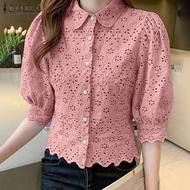 Fancystyle ZANZEA เสื้อเบลาส์ปักลูกไม้เก็บเอวเสื้อแขนพองอ่อนโยนสไตล์เกาหลีของผู้หญิง #1230