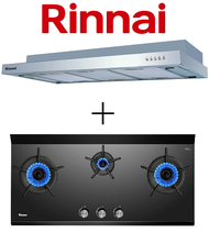 RINNAI RH-S239-SSR 90CM SLIMLINE HOOD + RINNAI RB-3CGN 3 BURNER INNER FLAME GLASS GAS HOB