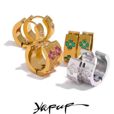 Yhpup Exquisite Pink Green White Cubic Zirconia Stainless Steel Round Chic Hoop Earrings Women High 