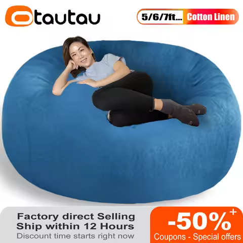 OTAUTAU 5/6/7ft Giant Round Bean Bag Cover Thick Cotton Linen Cloud Beanbag Pouf Sofa Bed Lounge Rec
