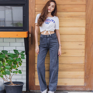 Oops Jeans กางเกงยีนส์ ผญ กางเกงเอวสูง ผญ ขากระบอก เนื้อผ้าคุณภาพดี  ไม่บาง สีดำฟอก ความยาว 41- 42 น