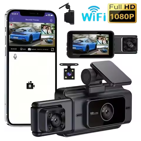 3 Channel Car Camera Front and Rear Inside Driving Video Recorder Night Vision Car Dashboard Camera