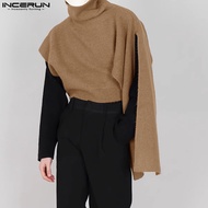 INCERUN เสื้อสเวตเตอร์เสื้อกันหนาวถักผู้ชาย,เสื้อกันหนาวสีทึบคอสูงแบบมีสไตล์ (สไตล์เกาหลี)