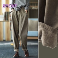 BREINE Cotton Linen Women Plain Loose Side Long Pants Casual Elastic High Waist Straight Trousers Autumn winter 503P067