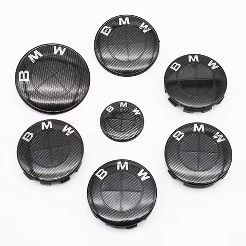 7Pcs Fiber All Black Car Wheel Center Caps Hub Cover Badge Auto Hood Front Rear Trunk Emblem For BMW