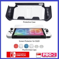 Nintendo Switch OLED Protective Case W Kick Stand + Glass Screen Protector + Tumb Grip Bundle