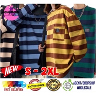 Baju T-shirt Perempuan Lengan Panjang Korea Stripe Shirt Long Sleeve Men Women Fashion Plus Size Oversize Shirt Loose