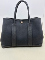 Hermes 愛馬仕 C刻 黑色帆布拼皮銀扣 Garden Party30 花園包 30cm