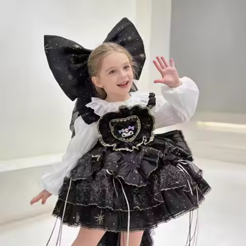 Anime Kuromi Girls Lolita Princess Dress Sweet Ruffled Tutu Skirt Lace Layered Dress Bow Decoration 