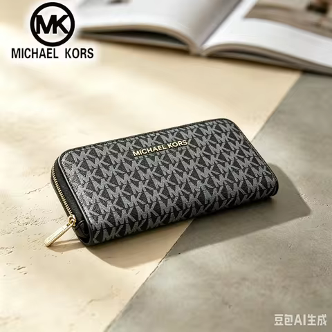 MICHAEL KORS Women's Casual Fashion Long Zipper Wallet MK Classic Letter Flower Wallet Multi functio