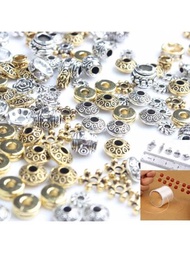 100入組金色和銀色圓形合金間隔珠子,尺寸約為5mm-8mm,以及1捆彈性繩,扁平彈性線,水晶線,手鍊編織繩,珠串針（顏色有所差異）