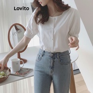 trendy6-Lovito Casual Plain Button Front Squared Neck Blouse for Women LNA04158 (White) Lovito Blus 