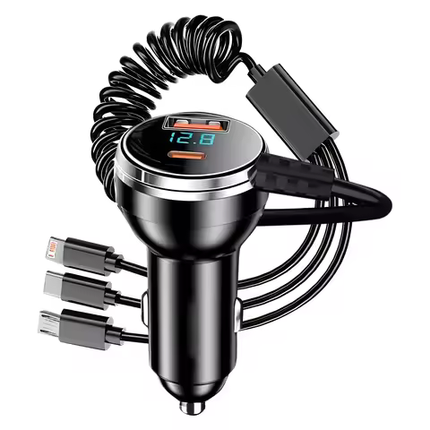 USB Car Phone Charger Adapter with Retractable Cable LED Voltage Monitor 4 in 1 Fast Charge for iPho