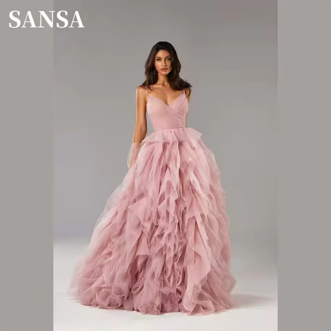 Sansa Elegant Edge Curl Prom Dress Nude Pink Vestidos De Noche Princess Spaghetti Strap Evening Dres