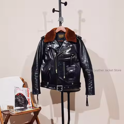 Full Vegetable Tanned & Dyed Horsehide Leather Jacket Men J24 Oblique Zip Moto Biker Short Coat Amer