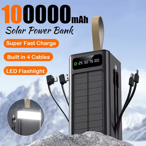 2026NEW 100000mAh Large Capacity Solar Powered Mobile Power Cord External Battery LED Light Portable