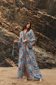 Beach Cover Ups Vintage Kimono Pareo Flower Printed Women Swimsuit Coverups with Belt Summer Holiday