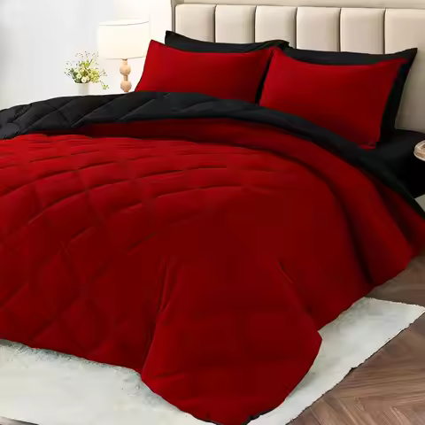 Queen Size Reversible Comforter Set, 7-Piece All Season Bedding with Sheets & Pillowcases in Red & B