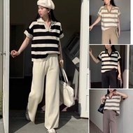 6628 Korean Knitted Stripe V-neck Collar Terno | Top&Pants
