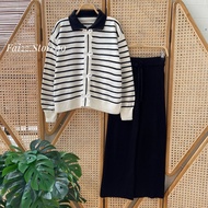 Oneset Abel Sweater Rajut Motif Pita Stripe Setelan Celana Kulot Wanita Premium Lengan Panjang Kekin