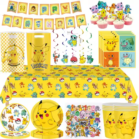 Pokemon Party Supplies Full Set Party Decoration Pikachu Tableware Tablecloth Plate Cup Napkin Baby