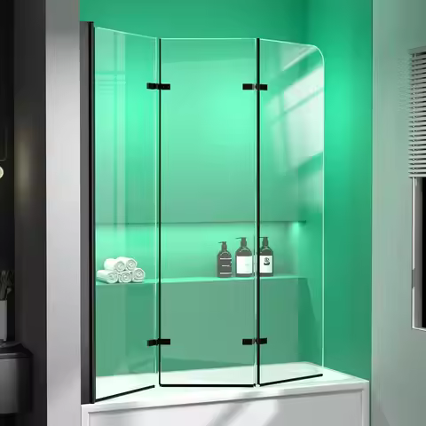 Semi-Frameless Foldable Hinged Bathtub Shower Glass Door Screen With Coating Tempered Panel Matte Bl