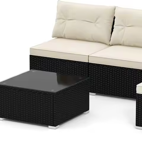 5-Piece Outdoor Patio Furniture Set, Rattan Sectional Sofa Set w/Glass-Top Coffee Table, Soft Seat &
