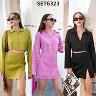 SET6323 Linen Crop Shirt & Slit Skirt Summer Set