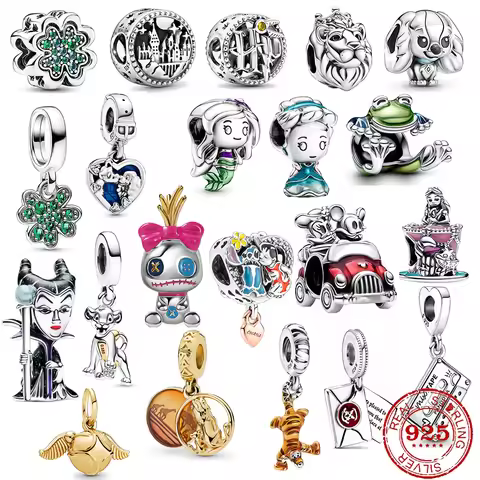 Disney 925Silver Four-leaf Clover Lion Frog Charm Mickey Beads Fit DIY Accessories Bracelets Princes