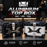 SMRT ALUMINIUM TOP BOX TANKER 28L 45L KOTAK PETI ALUMINIUM BLACK/SILVER +BASE PLATE BOX MOTOR BUNDLE
