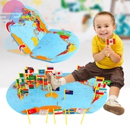 3D Wooden World Map Flag Matching Puzzle Geography Toy Foldable World Geography Board with 30 Flags 