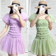 Lady dress with fluttering sleeves and gentle bow - M119 Silk Chiffon Dress A-Line Mini Dress