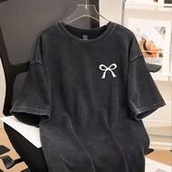 Women's Black Knit Acid-Washed Oversized T-Shirt, Suitable For Summer, Vintage, Butterfly Print Stre