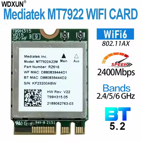 MT7922 Wi-Fi 6E wireless LAN card 2400Mbps wifi network card 2.4G 5G 6G 802.11AX M.2 NGFF for Blueto
