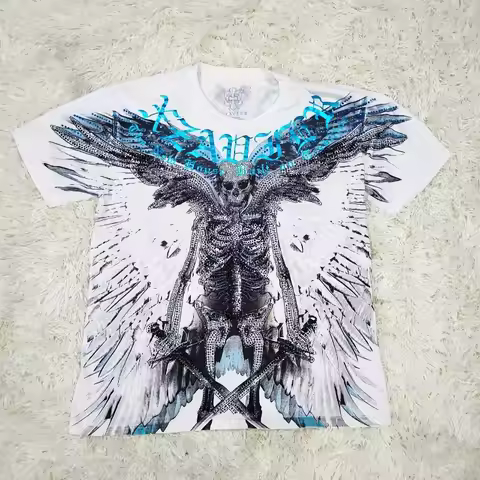 Xzavier Y2K Gothic Angel Skull Print T-Shirt Men Women Blue Black Rhinestone Graphic Streetwear Summ