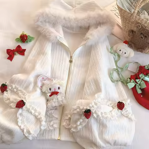 Japanese Kawai Cute Knitte Jackets Women Sweet Strawberry Ruffle Casual Zipper Coat Y2k Aesthetic Lo