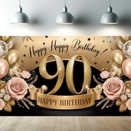 Happy 90th Birthday Photography Backdrop Gold Black Rose Photography Background for Women Seniors Pa