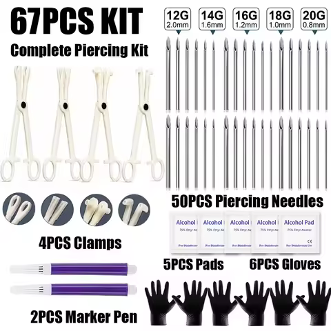 67/31/16pcs Piercing Needles Clamps Kit Mixed 12G 14G 16G 18G 20G Needles Piercing Clamps Forceps Gl