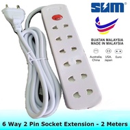 Multi 6 way 2 pin POWER plug switch socket extension 2 meter wire AC