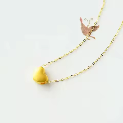 Real 24k Gold AU999 Heart Shaped Pendant Pure AU750 O Shaped Necklace Fashion Fine Jewelry Gift for