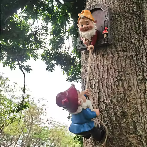Resin Climbing Gnome Sculpture White Beard Dwarf Art Statue Courtyard Landscape Figurines Garden Tre