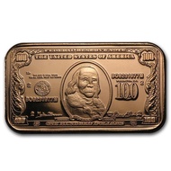 U.S. United States $100 Benjamin Franklin 1 oz .999 Fine Cu Copper Bar (Made in United States) 1oz
